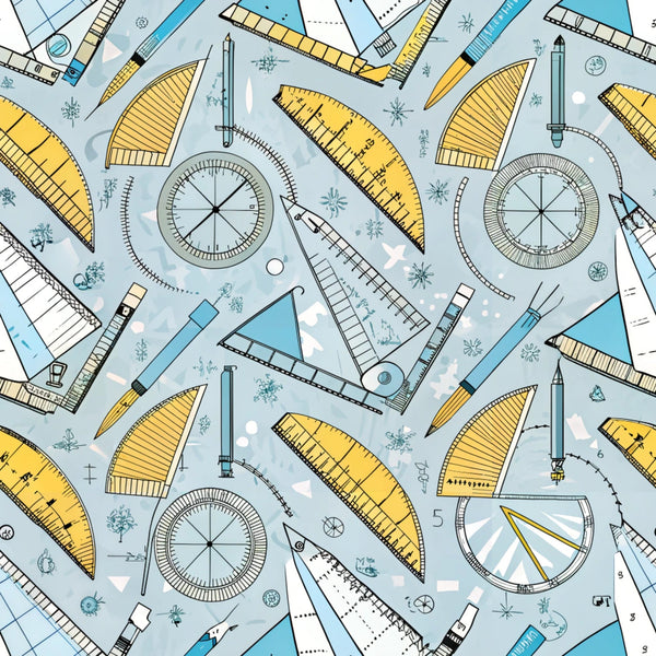 pale blue, yellow, teal, white, geometric tools, rulers, compasses, protractors, triangles, measuring instruments, math tools, drafting supplies, educational theme, school supplies,, fabric panel, scattered pattern, technical drawing, academic motif, back to school, geometric shapes, precise illustrations