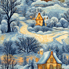 winter scene, snowy landscape, orange cottage, warm house, bare trees, snow-covered roofs, winding path, golden yellow, deep blue, white snow, cozy homes, illuminated windows, winter village,, fabric panel, seasonal design, stylized illustration, peaceful mood, dawn lighting, rolling hills