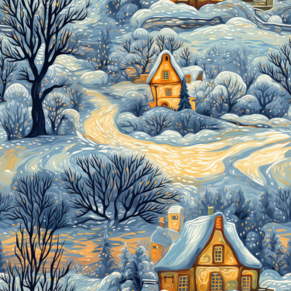 winter scene, snowy landscape, orange cottage, warm house, bare trees, snow-covered roofs, winding path, golden yellow, deep blue, white snow, cozy homes, illuminated windows, winter village,, fabric panel, seasonal design, stylized illustration, peaceful mood, dawn lighting, rolling hills