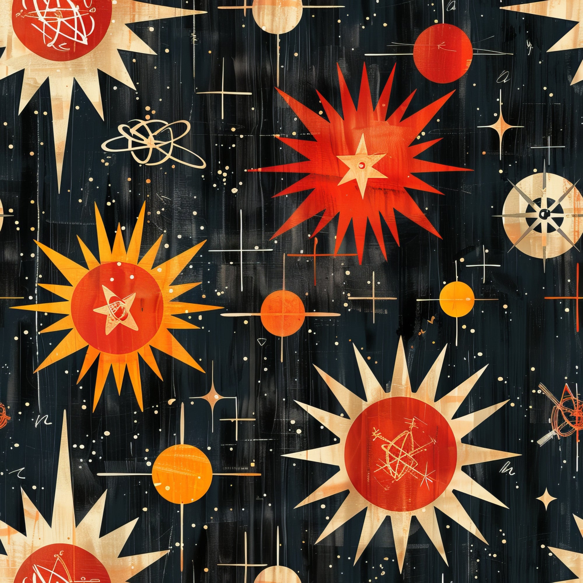 retro starburst, mid-century modern, atomic age, space theme, celestial design, red orange yellow, cream beige, dark navy background, geometric stars, orbital rings, constellation patterns, vintage atomic, 1950s style,, fabric panel, starry night, cosmic motifs, angular rays, modernist design, space age aesthetic