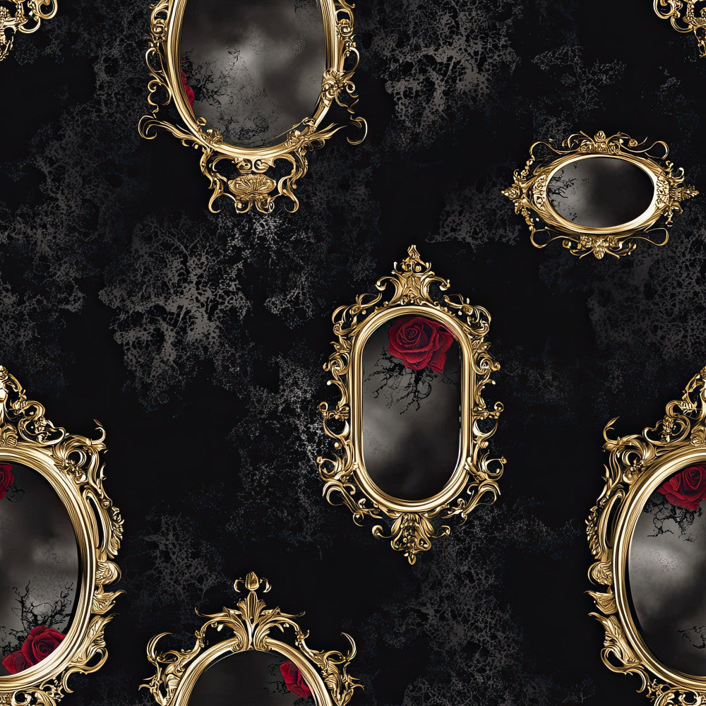 gold ornate frames, vintage mirrors, deep black, dark gray, crimson red, rose red, distressed texture, baroque, ornamental, gothic, luxury, elegant, romantic, vintage, antique, dark academia, moody, dramatic, decorative frames, reflective surfaces, tattered aesthetic, damask, renaissance, victorian, sophisticated, dramatic floral, gothic romance, dark romantic, statement fabric, upholstery
