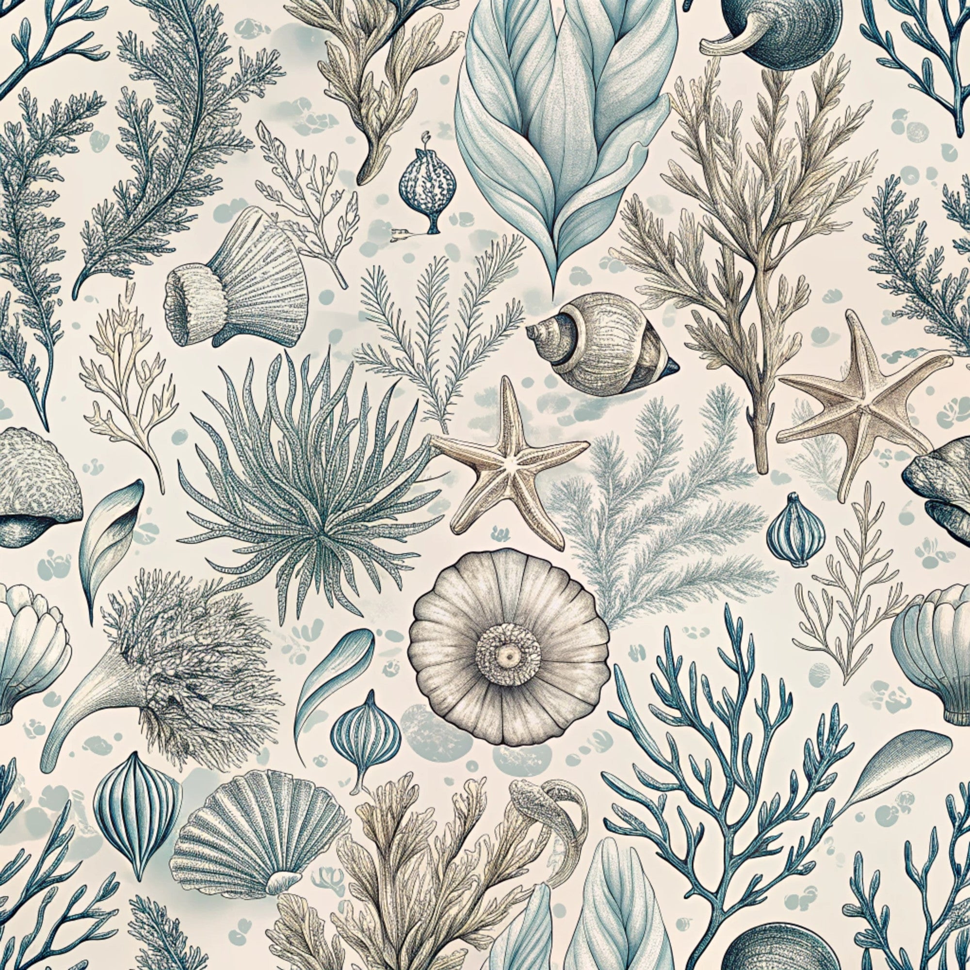beige background, teal blue, sage green, taupe, sea creatures, starfish, shells, coral, seaweed, nautilus shell, marine life, botanical elements, ocean flora, vintage illustration style, natural history, scientific drawing,, fabric panel, underwater theme, coastal design