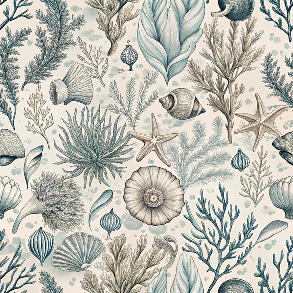 beige background, teal blue, sage green, taupe, sea creatures, starfish, shells, coral, seaweed, nautilus shell, marine life, botanical elements, ocean flora, vintage illustration style, natural history, scientific drawing,, fabric panel, underwater theme, coastal design