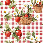 strawberry gingham, red and white, checkered pattern, wicker baskets, white daisies, green leaves,, fabric panel, picnic theme, botanical design, summer motif, country style, cottage core, fresh fruit, floral elements, rustic charm, vintage inspired, cheerful mood, kitchen fabric, crafting material