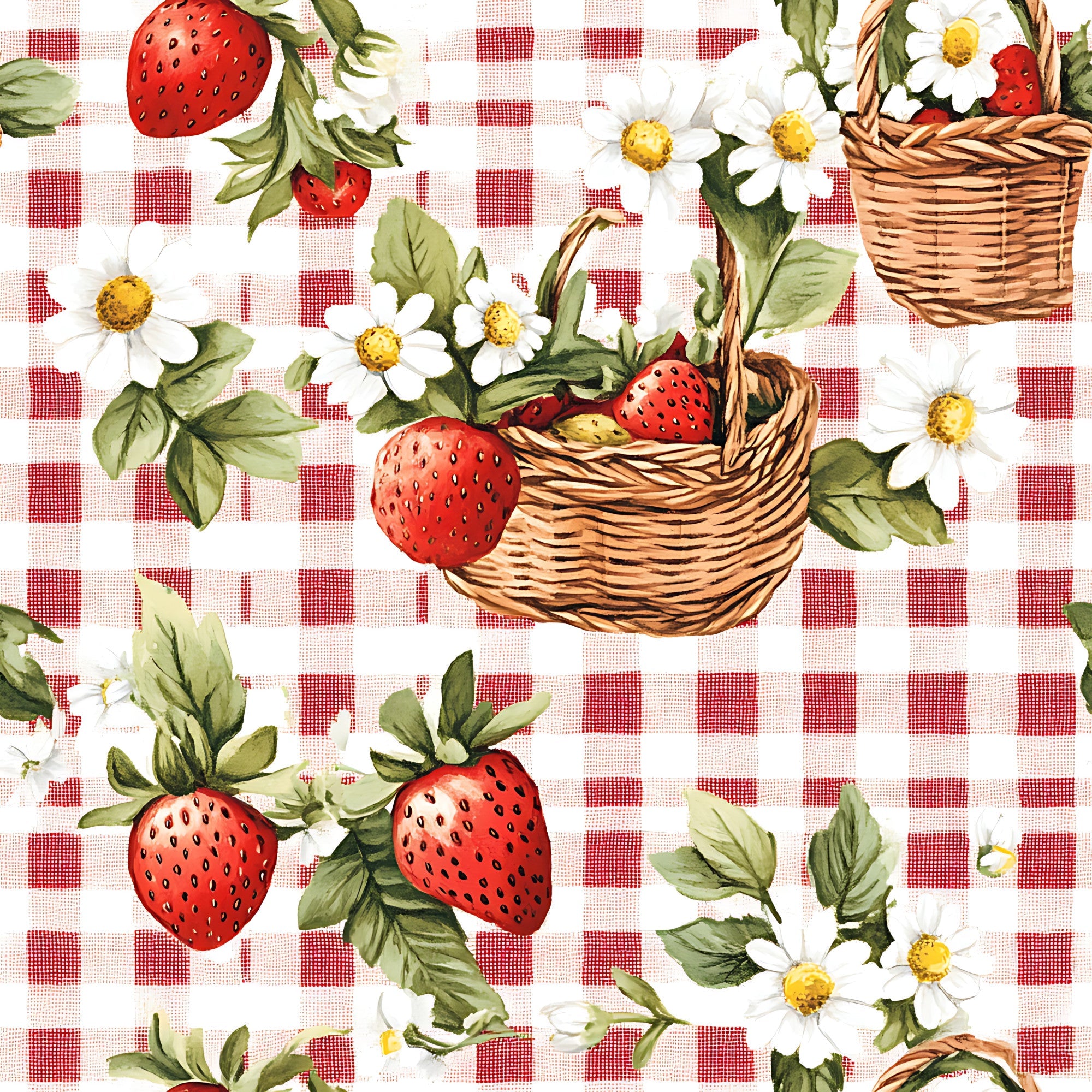 strawberry gingham, red and white, checkered pattern, wicker baskets, white daisies, green leaves,, fabric panel, picnic theme, botanical design, summer motif, country style, cottage core, fresh fruit, floral elements, rustic charm, vintage inspired, cheerful mood, kitchen fabric, crafting material