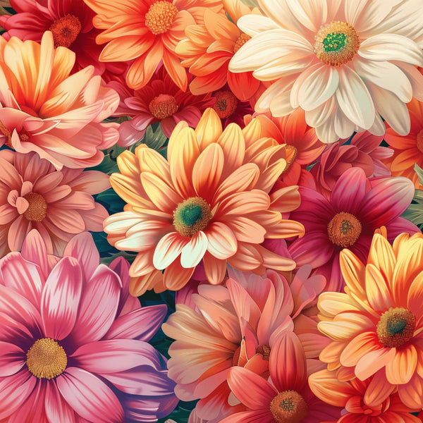 coral, peach, pink, orange, yellow, cream, gerbera daisies, realistic flowers, floral pattern, botanical design, vibrant blooms, layered petals, detailed centers, warm tones, sunset colors,, fabric panel, photorealistic style, dense floral, spring flowers, cheerful mood