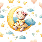 teddy bear, crescent moon, stars, clouds, balloons, pastel colors, yellow, pink, blue, watercolor style, whimsical, nursery theme, baby fabric,, fabric panel, cute animals, sleepy bear, bow accessory, dreamy atmosphere, children's fabric