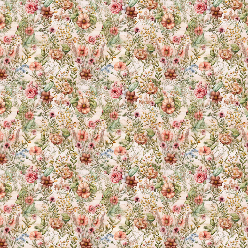 floral pattern, botanical design, pink roses, coral flowers, peach blooms, green leaves, cream background, wildflower meadow, cottage garden, vintage florals,, fabric panel, romantic style, spring flowers, delicate petals, garden bouquet, soft pastels, repeating motif, nature inspired, whimsical blooms