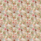 floral pattern, botanical design, pink roses, coral flowers, peach blooms, green leaves, cream background, wildflower meadow, cottage garden, vintage florals,, fabric panel, romantic style, spring flowers, delicate petals, garden bouquet, soft pastels, repeating motif, nature inspired, whimsical blooms