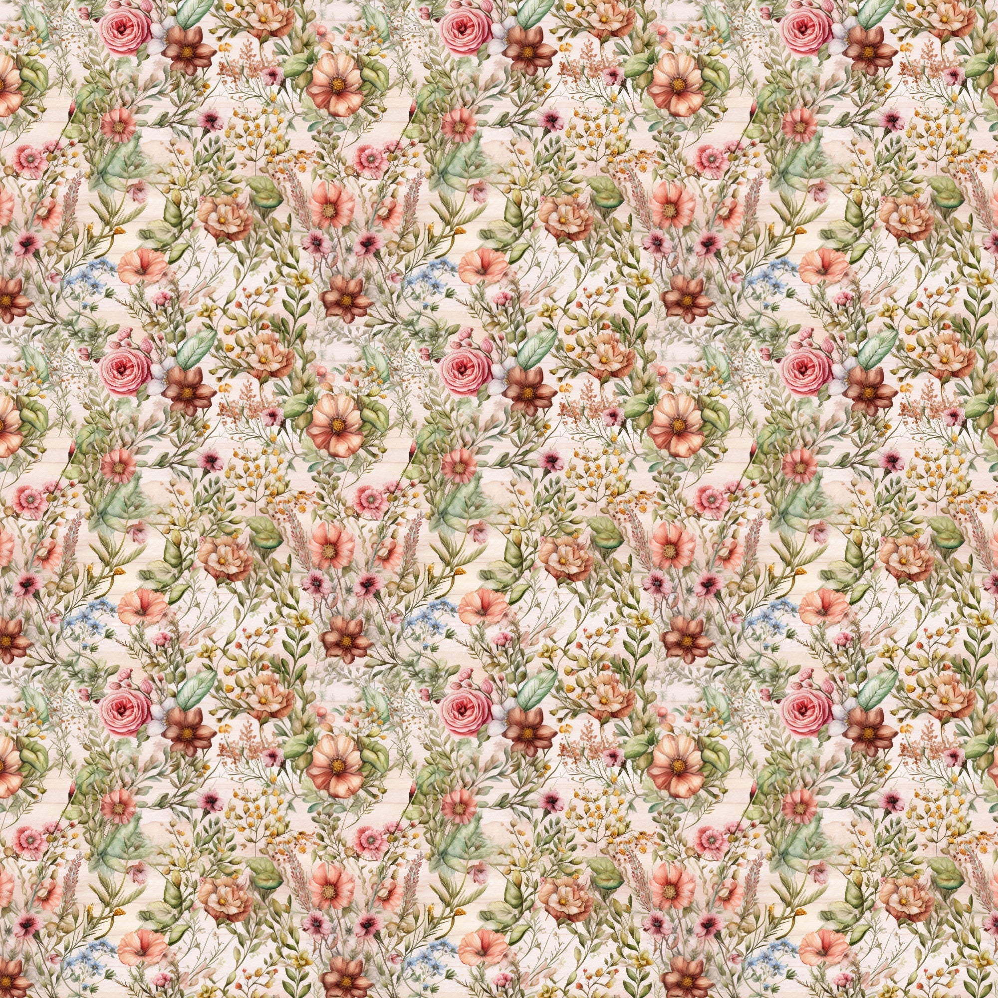 floral pattern, botanical design, pink roses, coral flowers, peach blooms, green leaves, cream background, wildflower meadow, cottage garden, vintage florals,, fabric panel, romantic style, spring flowers, delicate petals, garden bouquet, soft pastels, repeating motif, nature inspired, whimsical blooms