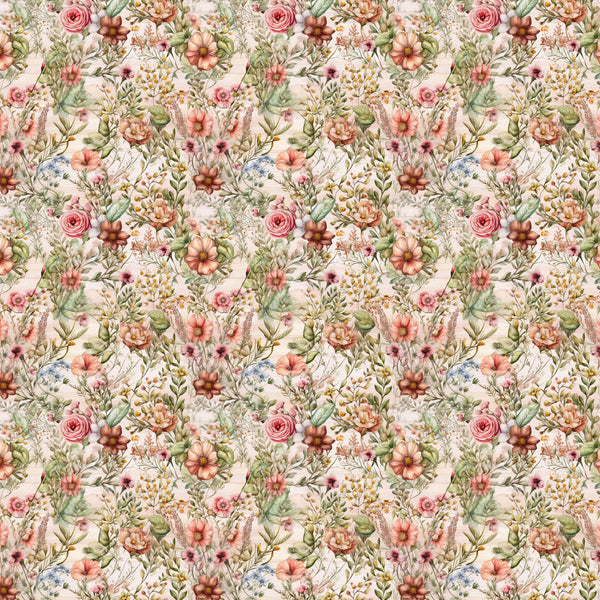 floral pattern, botanical design, pink roses, coral flowers, peach blooms, green leaves, cream background, wildflower meadow, cottage garden, vintage florals,, fabric panel, romantic style, spring flowers, delicate petals, garden bouquet, soft pastels, repeating motif, nature inspired, whimsical blooms