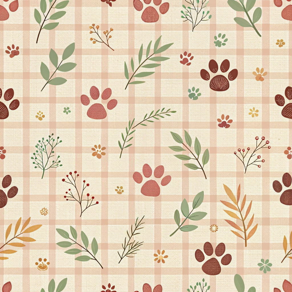 dog paws, paw prints, botanical leaves, nature motifs, beige background, coral pink, sage green, terracotta brown, golden yellow, plaid pattern, gingham check,, fabric panel, autumn colors, earthy tones, pet themed, floral sprigs, berries, warm palette, crafting fabric
