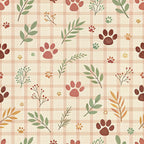 dog paws, paw prints, botanical leaves, nature motifs, beige background, coral pink, sage green, terracotta brown, golden yellow, plaid pattern, gingham check,, fabric panel, autumn colors, earthy tones, pet themed, floral sprigs, berries, warm palette, crafting fabric