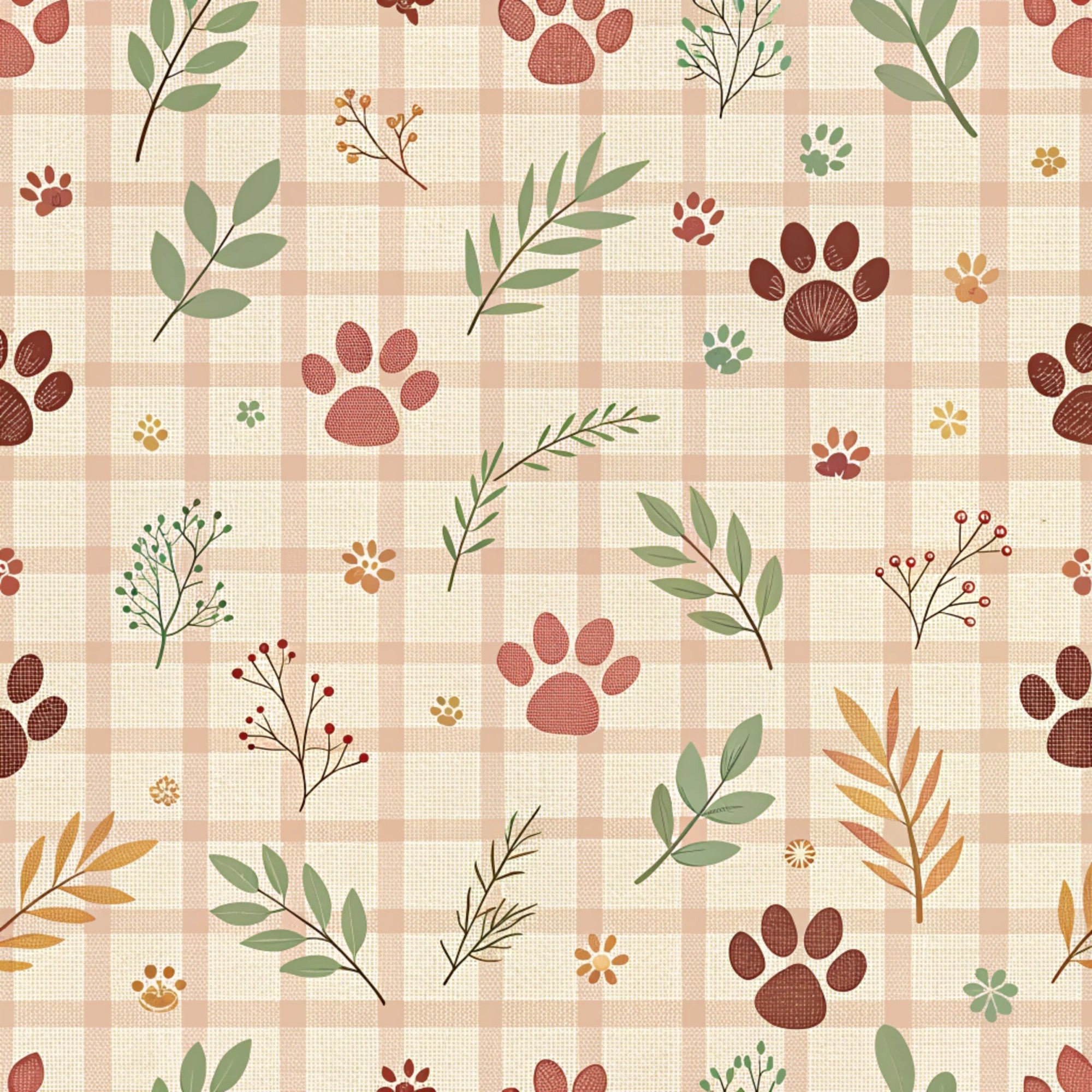 dog paws, paw prints, botanical leaves, nature motifs, beige background, coral pink, sage green, terracotta brown, golden yellow, plaid pattern, gingham check,, fabric panel, autumn colors, earthy tones, pet themed, floral sprigs, berries, warm palette, crafting fabric