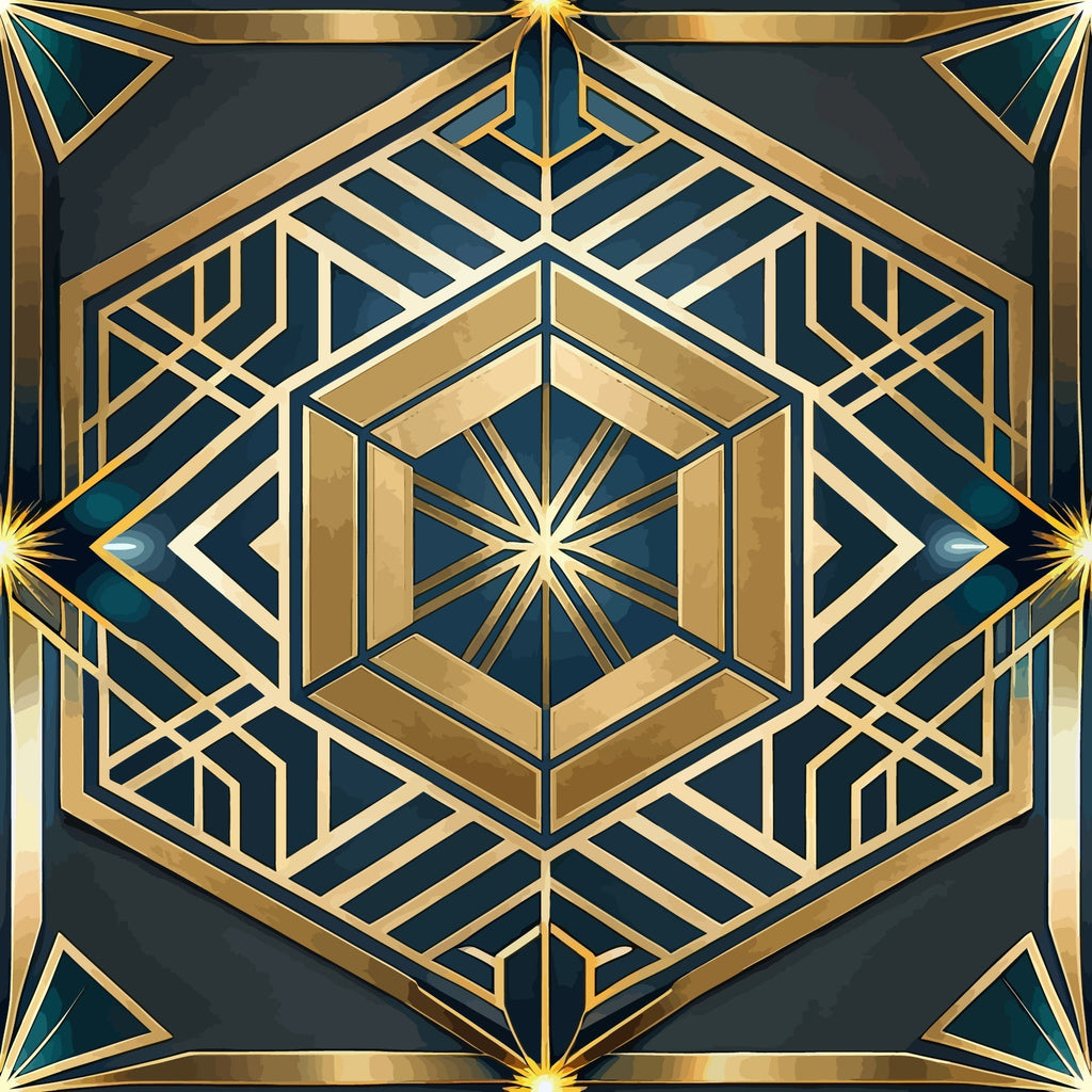 art deco, geometric pattern, gold, teal, navy blue, hexagonal design, radiating lines, sunburst motif, metallic accents, symmetrical design, angular shapes, vintage style, luxurious, ornate pattern,, fabric panel, dimensional effect, intricate details, 1920s inspired