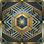 art deco, geometric pattern, gold, teal, navy blue, hexagonal design, radiating lines, sunburst motif, metallic accents, symmetrical design, angular shapes, vintage style, luxurious, ornate pattern,, fabric panel, dimensional effect, intricate details, 1920s inspired
