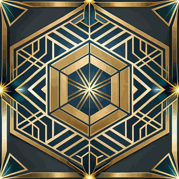 art deco, geometric pattern, gold, teal, navy blue, hexagonal design, radiating lines, sunburst motif, metallic accents, symmetrical design, angular shapes, vintage style, luxurious, ornate pattern,, fabric panel, dimensional effect, intricate details, 1920s inspired