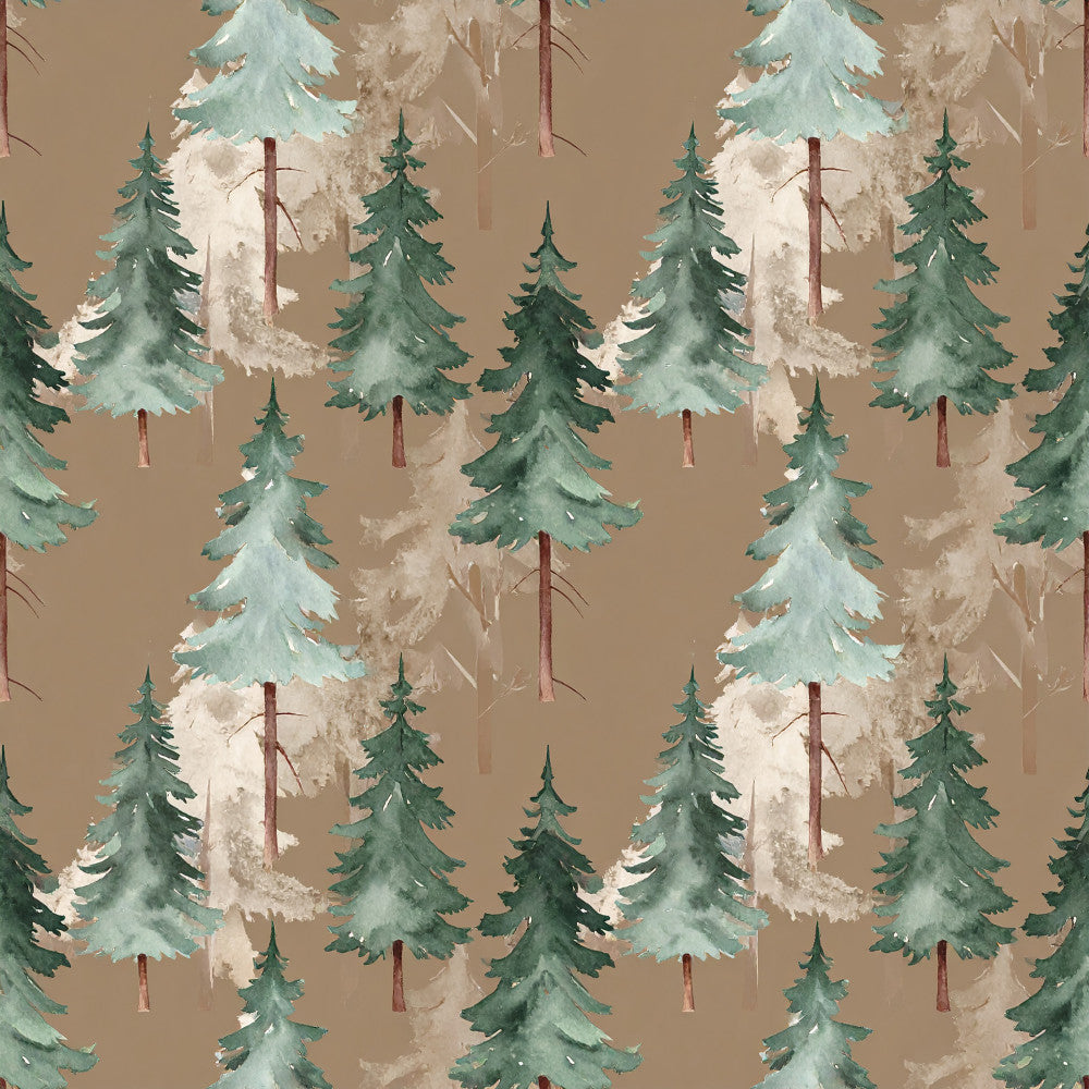 forest green, sage green, teal green, cream, tan, taupe, evergreen trees, pine trees, coniferous trees, winter forest, snowy trees, nature, woodland, rustic, cozy, winter, holiday, christmas, mountain lodge, cabin style, nature-inspired, forest scene, layered trees, depth effect, camping, outdoor themed, kids room, nursery