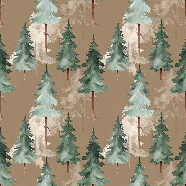 forest green, sage green, teal green, cream, tan, taupe, evergreen trees, pine trees, coniferous trees, winter forest, snowy trees, nature, woodland, rustic, cozy, winter, holiday, christmas, mountain lodge, cabin style, nature-inspired, forest scene, layered trees, depth effect, camping, outdoor themed, kids room, nursery