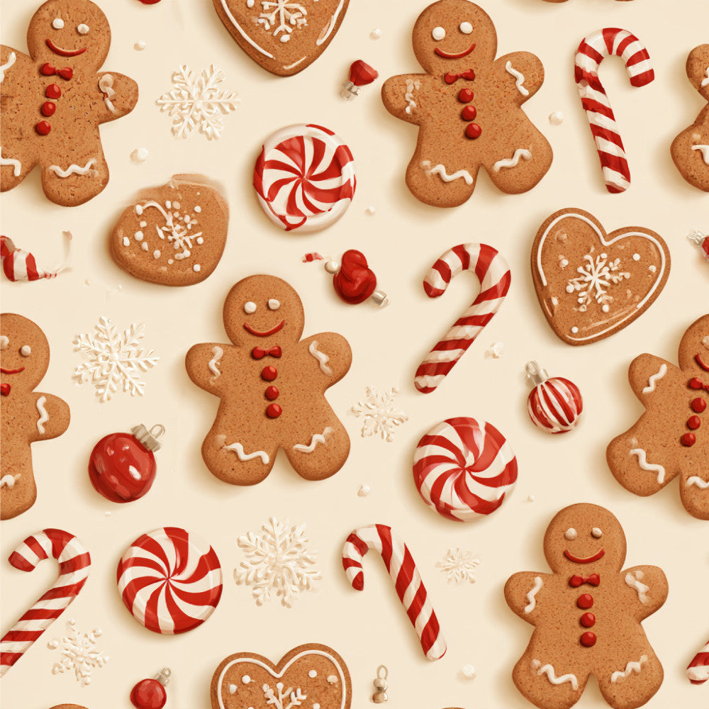 gingerbread men, candy canes, peppermint swirls, heart shapes, snowflakes, red and white, cream background, holiday, christmas, festive, whimsical, playful, gingerbread cookies, candy decorations, ornaments, traditional christmas, vintage holiday, winter, seasonal, kids, children, nursery, playroom, cheerful, classic holiday, nostalgic, dessert themed, baking themed, sweet treats