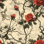 red roses, thorny vines, skulls, bones, cream background, gothic pattern, floral design, dark romantic,, fabric panel, vintage style, botanical elements, spooky aesthetic, rose buds, green leaves, weathered texture, halloween theme, alternative fashion, macabre motifs