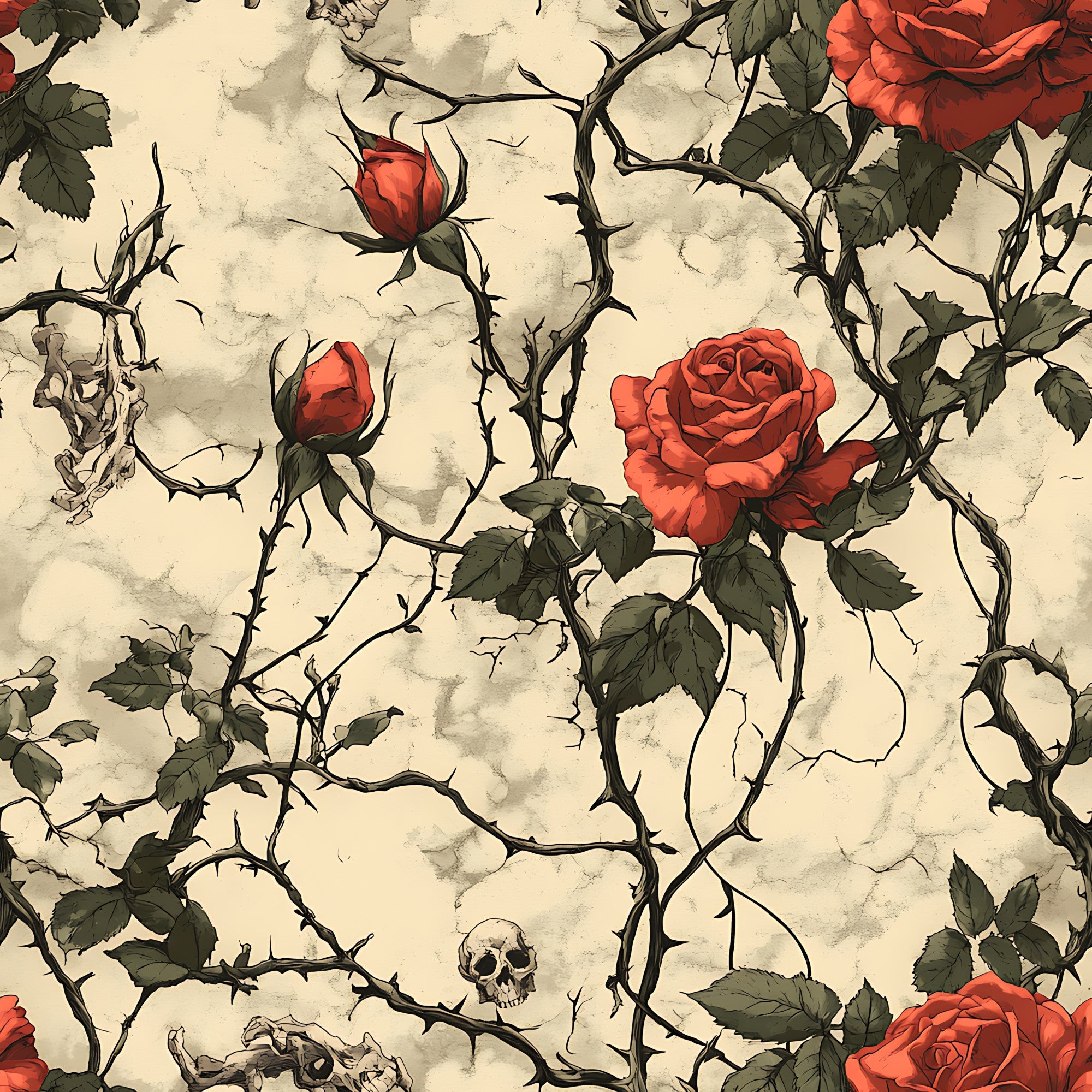 red roses, thorny vines, skulls, bones, cream background, gothic pattern, floral design, dark romantic,, fabric panel, vintage style, botanical elements, spooky aesthetic, rose buds, green leaves, weathered texture, halloween theme, alternative fashion, macabre motifs