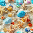 beach themed, seashells, starfish, ocean blue, turquoise, coral orange, cream background, nautical pattern, marine life, coastal design,, fabric panel, summer vibes, seaside motifs, shell collection, sandy beige, tropical colors, ocean treasures, beach vacation, maritime elements