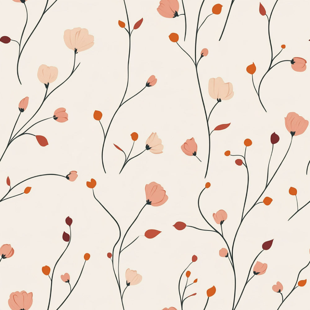 peach, coral pink, cream, burnt orange, dusty rose, terracotta, wine red, floral, botanical, wildflowers, nature, modern, minimalist, delicate, whimsical, elegant, spring, summer, autumn, buds, blooms, leaves, stems, nursery, baby room, kids room, contemporary, soft aesthetic, nature-inspired, garden theme