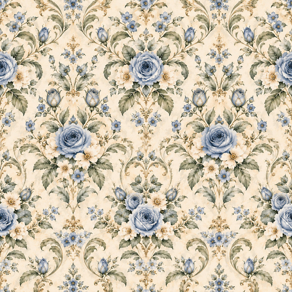 cream floral, blue roses, vintage floral, damask, botanical, romantic, elegant, traditional, soft blue, sage green, gold accents, roses, small flowers, scrolling vines, ornate, classic, timeless, spring, garden, nature, cottage, victorian, shabby chic, country, delicate, feminine, decorative, baroque, nursery, baby shower