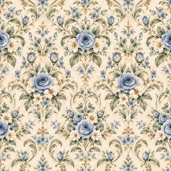 cream floral, blue roses, vintage floral, damask, botanical, romantic, elegant, traditional, soft blue, sage green, gold accents, roses, small flowers, scrolling vines, ornate, classic, timeless, spring, garden, nature, cottage, victorian, shabby chic, country, delicate, feminine, decorative, baroque, nursery, baby shower