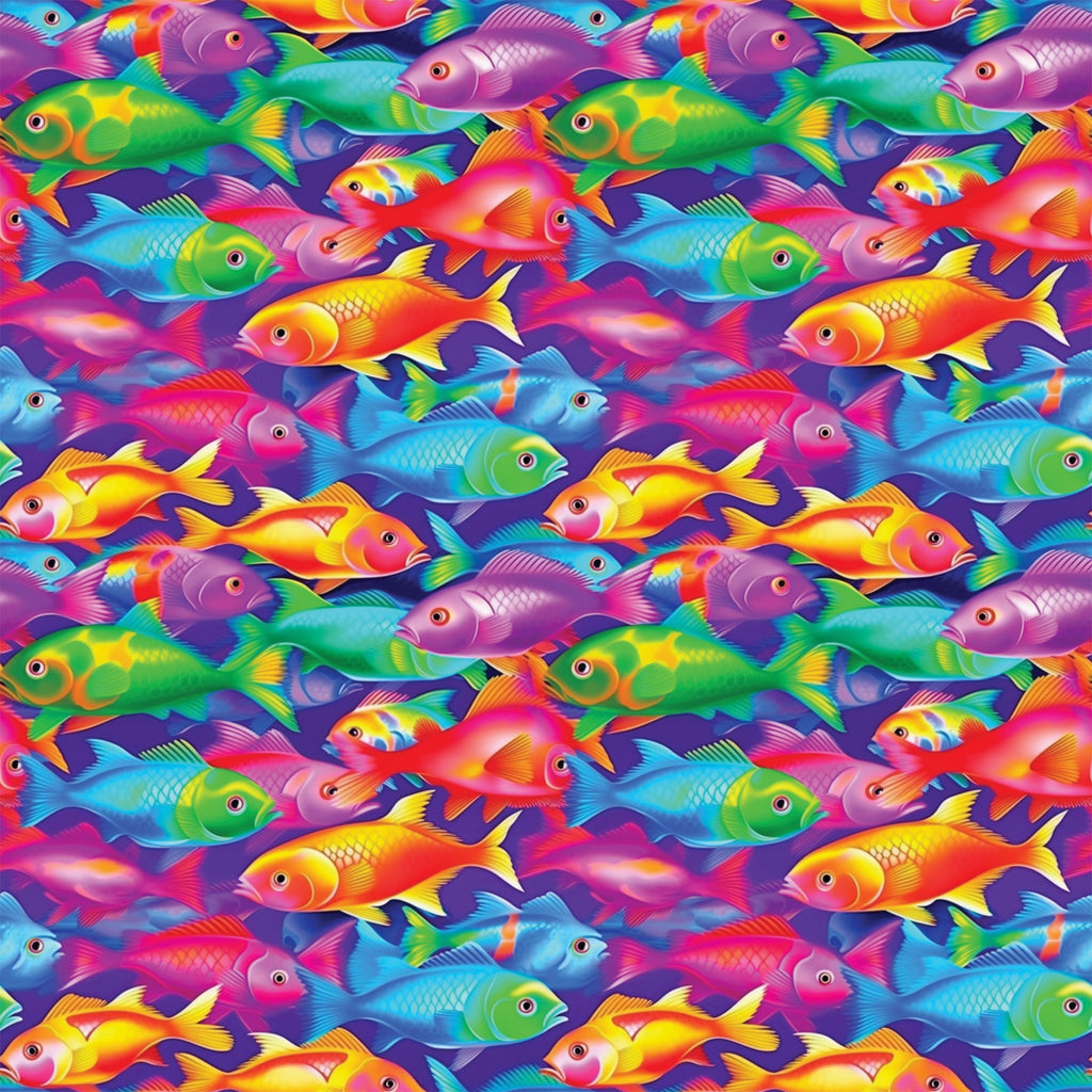 tropical fish, vibrant colors, purple background, rainbow fish, swimming pattern,, fabric panel, ocean theme, aquatic animals, bright pink, electric blue, lime green, yellow orange, seamless repeat, underwater scene, colorful fish, marine life, tropical waters, playful design, swimming motion