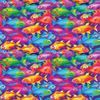 tropical fish, vibrant colors, purple background, rainbow fish, swimming pattern,, fabric panel, ocean theme, aquatic animals, bright pink, electric blue, lime green, yellow orange, seamless repeat, underwater scene, colorful fish, marine life, tropical waters, playful design, swimming motion