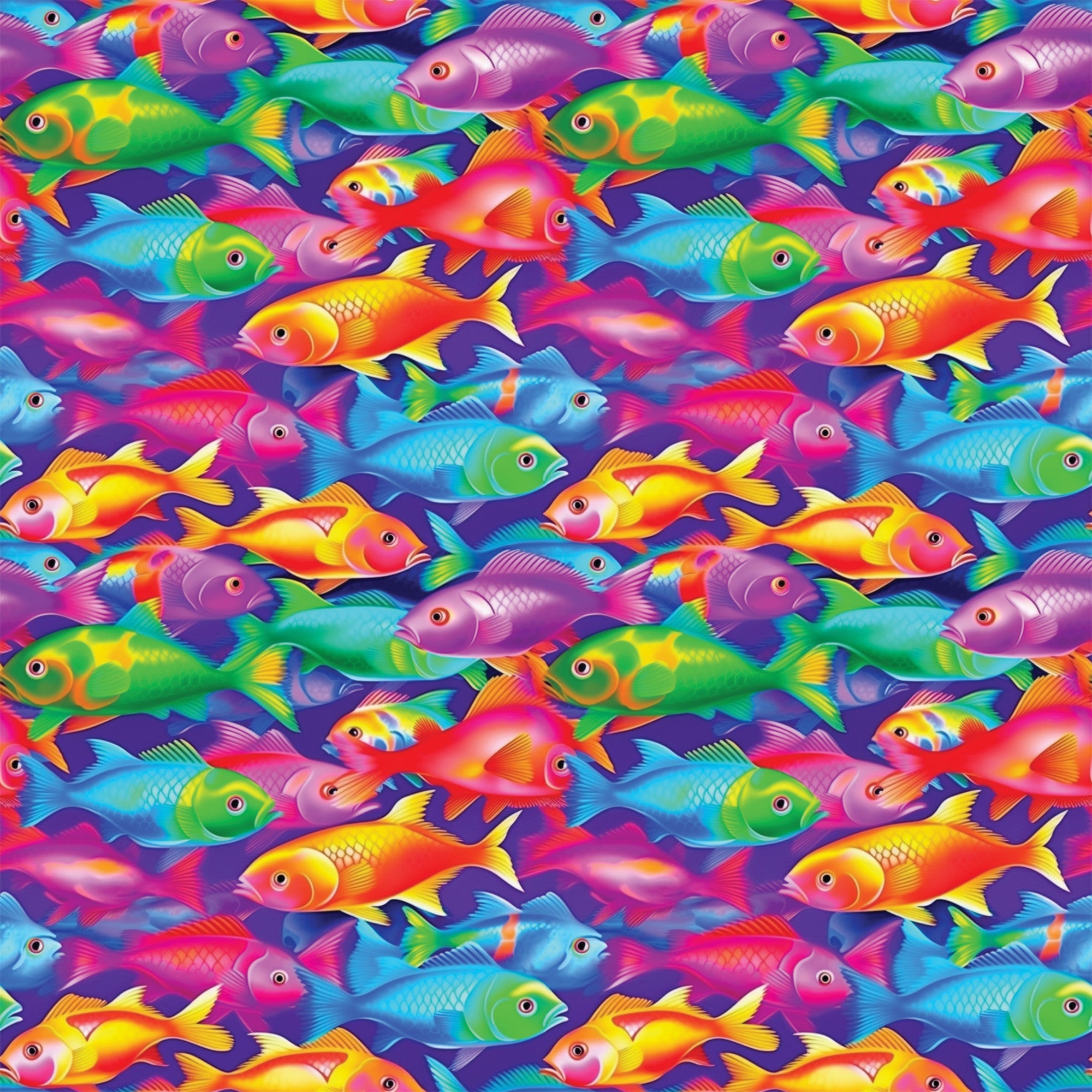 tropical fish, vibrant colors, purple background, rainbow fish, swimming pattern,, fabric panel, ocean theme, aquatic animals, bright pink, electric blue, lime green, yellow orange, seamless repeat, underwater scene, colorful fish, marine life, tropical waters, playful design, swimming motion