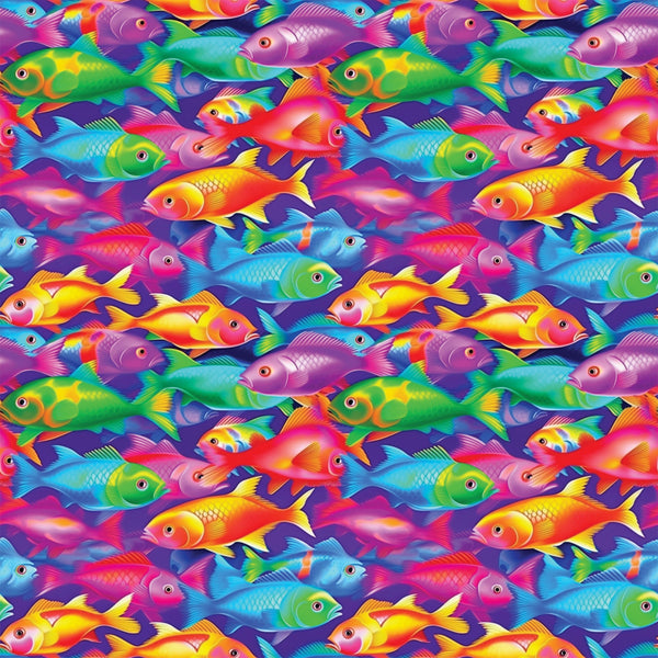 tropical fish, vibrant colors, purple background, rainbow fish, swimming pattern,, fabric panel, ocean theme, aquatic animals, bright pink, electric blue, lime green, yellow orange, seamless repeat, underwater scene, colorful fish, marine life, tropical waters, playful design, swimming motion
