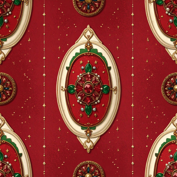 deep red, crimson, emerald green, gold, cream, ivory, jewel tones, ornate, baroque, damask, medallion, geometric, luxe, elegant, traditional, royal, regal, festive, holiday, christmas, victorian, vintage, ornamental, decorative, pearl accents, gemstone inspired, formal, sophisticated, stars, beaded details