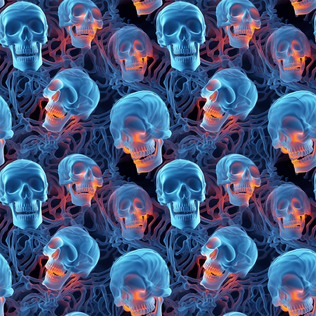 halloween fabric, skulls, skeleton bones, blue tones, orange glow, neon colors, spooky pattern, gothic design, seamless repeat,, fabric panel, dark background, glowing effect, horror theme, october holiday, creepy skulls, bone structure, electric blue, fiery orange, halloween decor