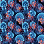 halloween fabric, skulls, skeleton bones, blue tones, orange glow, neon colors, spooky pattern, gothic design, seamless repeat,, fabric panel, dark background, glowing effect, horror theme, october holiday, creepy skulls, bone structure, electric blue, fiery orange, halloween decor