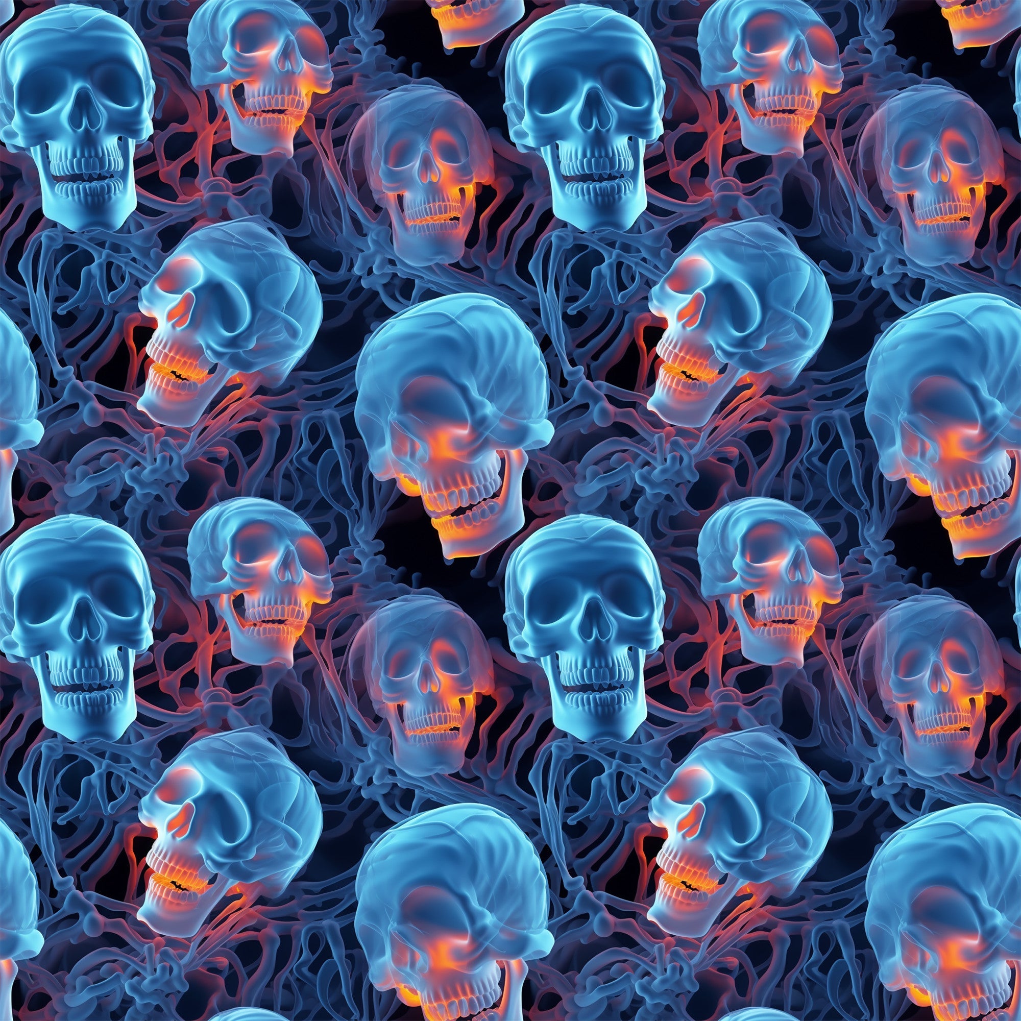 halloween fabric, skulls, skeleton bones, blue tones, orange glow, neon colors, spooky pattern, gothic design, seamless repeat,, fabric panel, dark background, glowing effect, horror theme, october holiday, creepy skulls, bone structure, electric blue, fiery orange, halloween decor