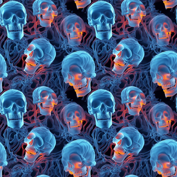 halloween fabric, skulls, skeleton bones, blue tones, orange glow, neon colors, spooky pattern, gothic design, seamless repeat,, fabric panel, dark background, glowing effect, horror theme, october holiday, creepy skulls, bone structure, electric blue, fiery orange, halloween decor