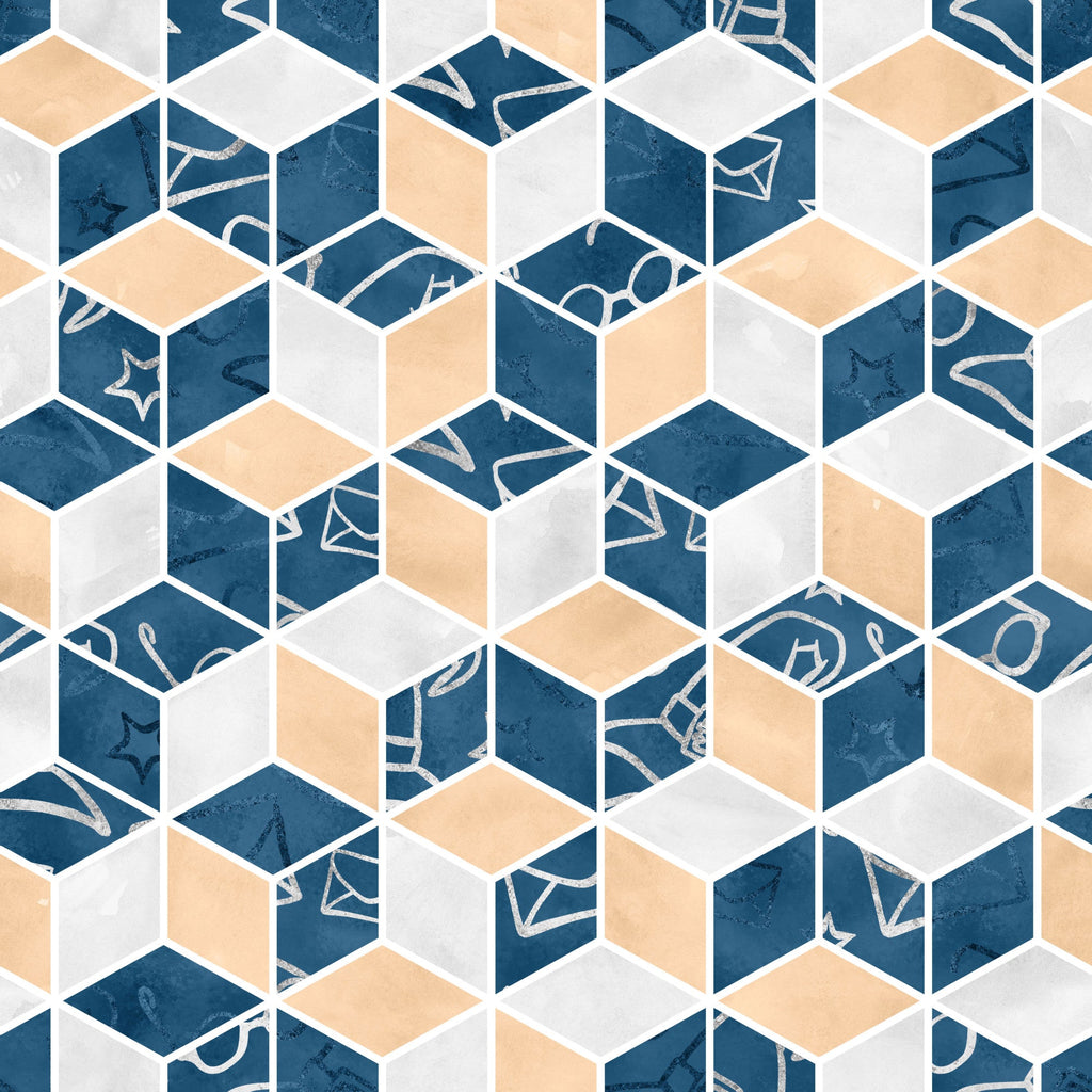 navy blue, peach orange, light gray, white, geometric cubes, isometric pattern, 3d hexagons, magic symbols, wizard icons, stars, envelopes, glasses, geometric tessellation, modern abstract,, fabric panel, magical theme, contemporary design, repeating motif, dimensional blocks