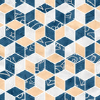 navy blue, peach orange, light gray, white, geometric cubes, isometric pattern, 3d hexagons, magic symbols, wizard icons, stars, envelopes, glasses, geometric tessellation, modern abstract,, fabric panel, magical theme, contemporary design, repeating motif, dimensional blocks