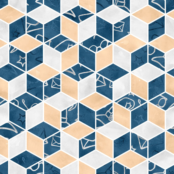 navy blue, peach orange, light gray, white, geometric cubes, isometric pattern, 3d hexagons, magic symbols, wizard icons, stars, envelopes, glasses, geometric tessellation, modern abstract,, fabric panel, magical theme, contemporary design, repeating motif, dimensional blocks