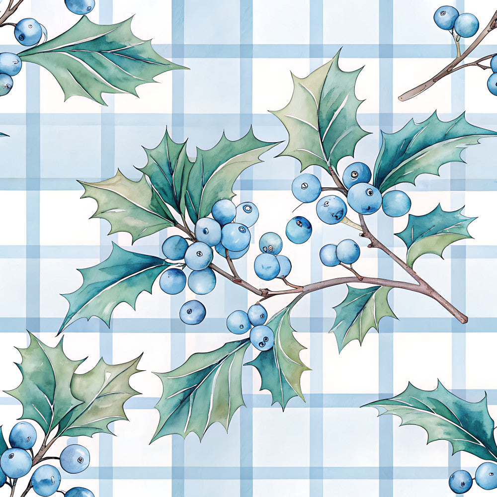 light blue, white, soft blue, pale blue, forest green, sage green, teal green, holly leaves, berries, gingham, plaid, checkered, winter, christmas, holiday, nature, botanical, elegant, traditional, festive, holly berries, spiky leaves, seasonal, vintage, classic, timeless, nursery, kids room, baby decor