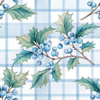 light blue, white, soft blue, pale blue, forest green, sage green, teal green, holly leaves, berries, gingham, plaid, checkered, winter, christmas, holiday, nature, botanical, elegant, traditional, festive, holly berries, spiky leaves, seasonal, vintage, classic, timeless, nursery, kids room, baby decor