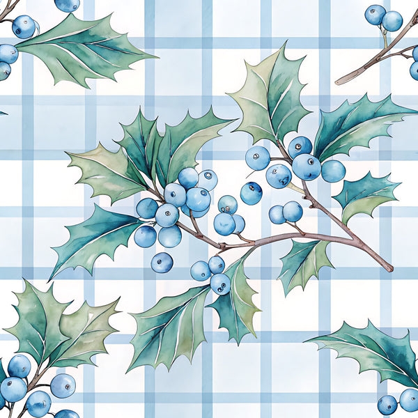 light blue, white, soft blue, pale blue, forest green, sage green, teal green, holly leaves, berries, gingham, plaid, checkered, winter, christmas, holiday, nature, botanical, elegant, traditional, festive, holly berries, spiky leaves, seasonal, vintage, classic, timeless, nursery, kids room, baby decor