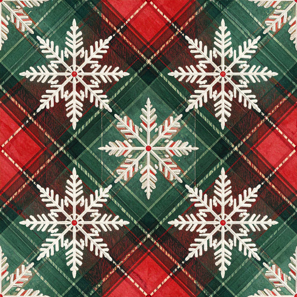forest green, red, cream white, plaid, tartan, snowflakes, geometric, holiday, christmas, traditional, elegant, rustic, winter, festive, scottish, buffalo check, diagonal pattern, decorative snowflakes, seasonal, cold weather, classic, timeless, cozy, formal, burgundy, dark green, white snowflakes, coordinating print, holiday decor, winter wonderland