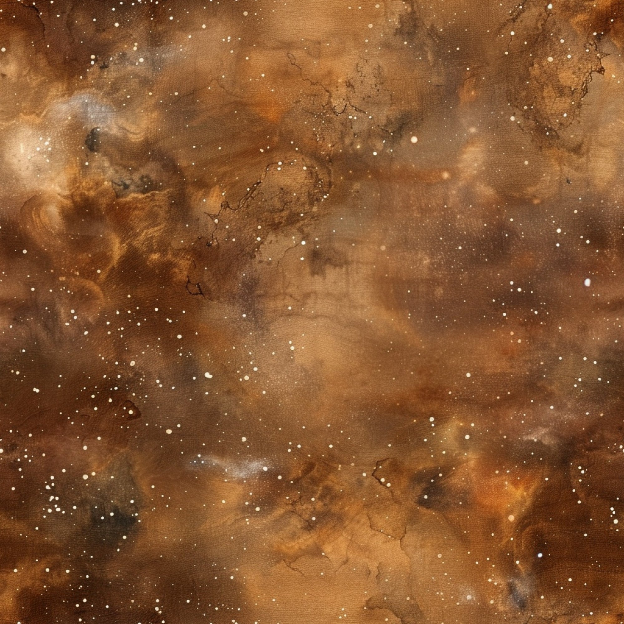 brown, amber, golden, rust, copper, galaxy pattern, nebula, cosmic, starfield, space theme, painted effect, swirled clouds, celestial,, fabric panel, astronomical, dreamy atmosphere, textured appearance, heavenly bodies, cosmic dust