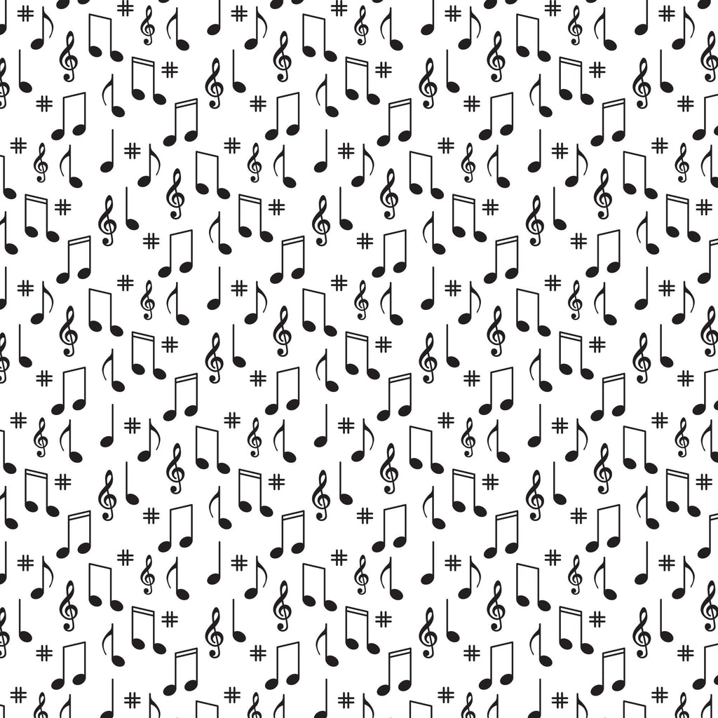 black, white, musical notes, treble clef, sharp symbols, scattered pattern, music theme, monochrome,, fabric panel, random placement, musical symbols, geometric arrangement, repetitive design, vintage style, retro pattern, cotton fabric, crafting material, sewing supplies