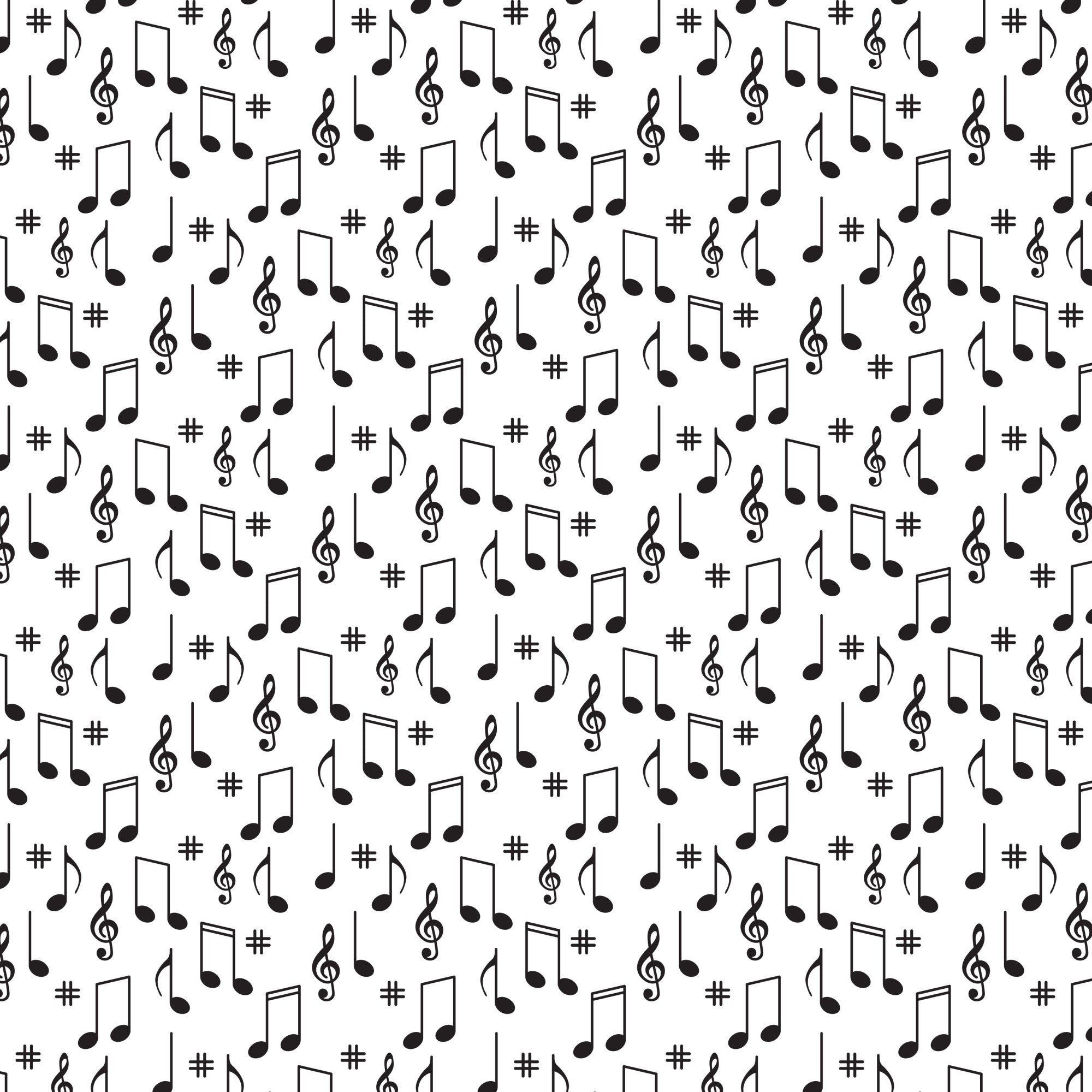 black, white, musical notes, treble clef, sharp symbols, scattered pattern, music theme, monochrome,, fabric panel, random placement, musical symbols, geometric arrangement, repetitive design, vintage style, retro pattern, cotton fabric, crafting material, sewing supplies