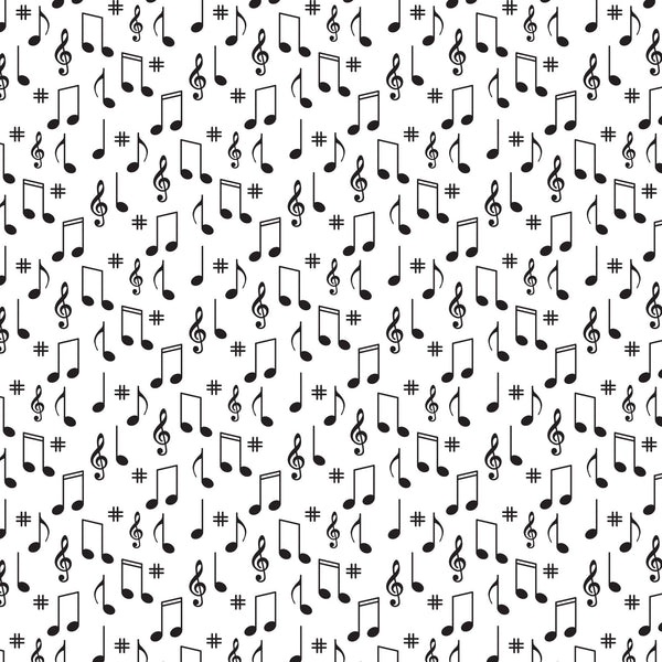 black, white, musical notes, treble clef, sharp symbols, scattered pattern, music theme, monochrome,, fabric panel, random placement, musical symbols, geometric arrangement, repetitive design, vintage style, retro pattern, cotton fabric, crafting material, sewing supplies